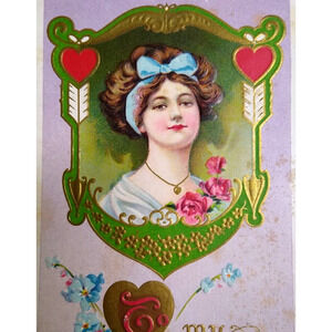 Valentine Postcard Lovely Women Hearts Stecher Series 312 Vintage Embossed 1917